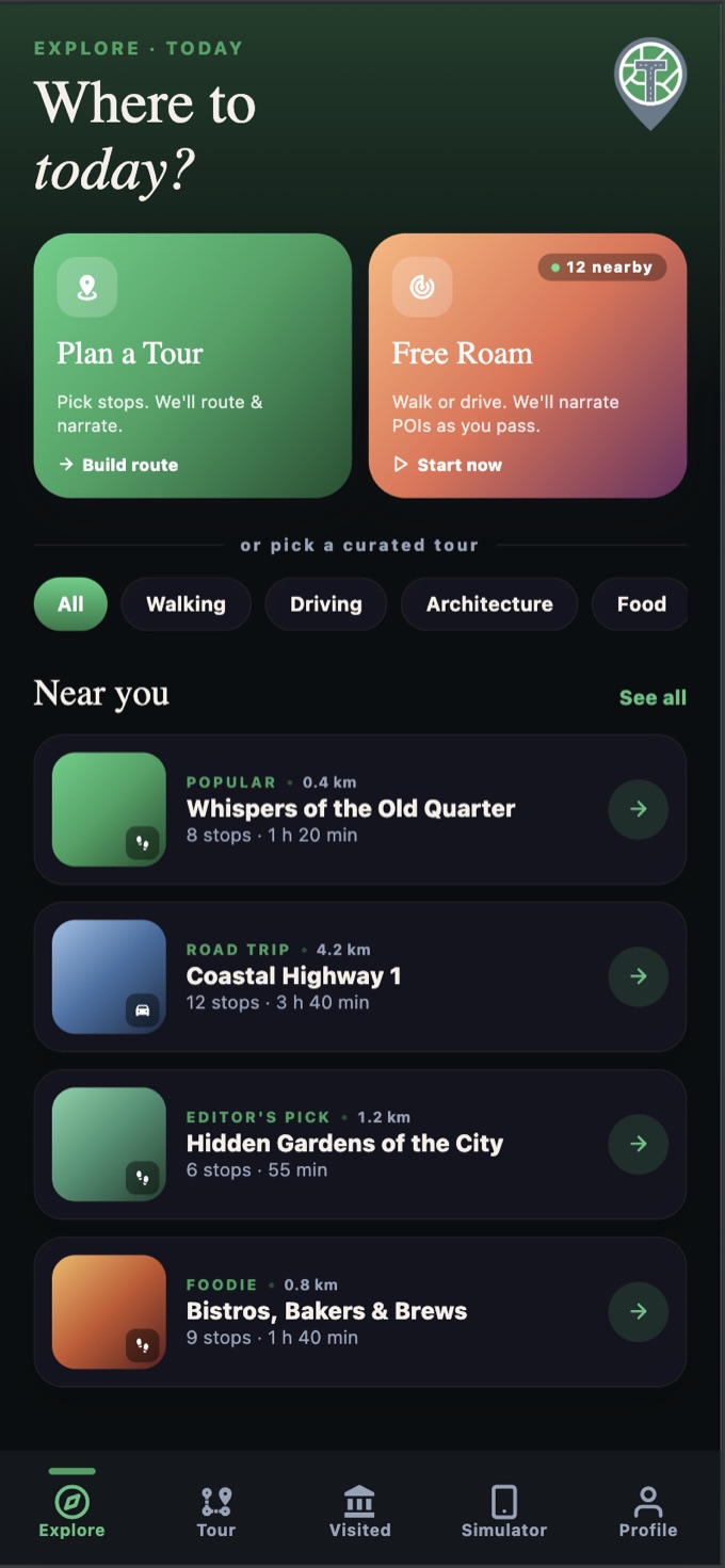TellTours Explore screen