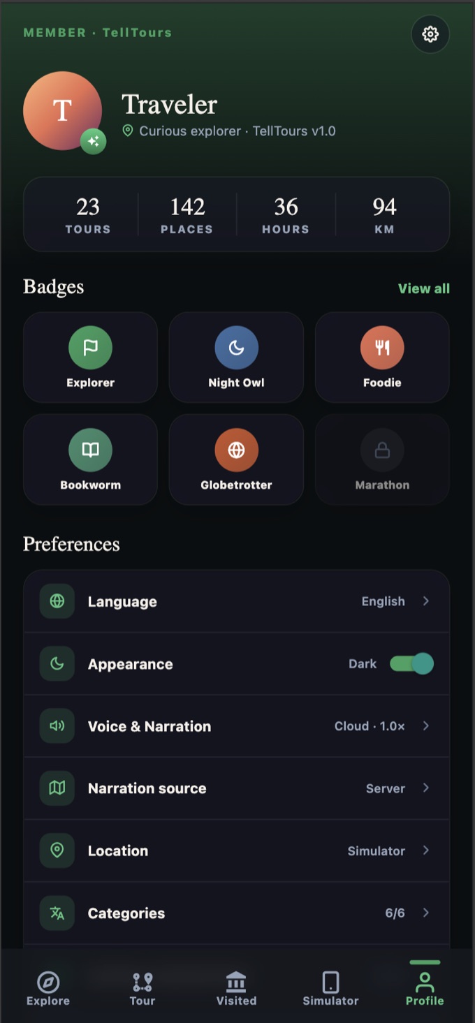 TellTours Profile & badges screen